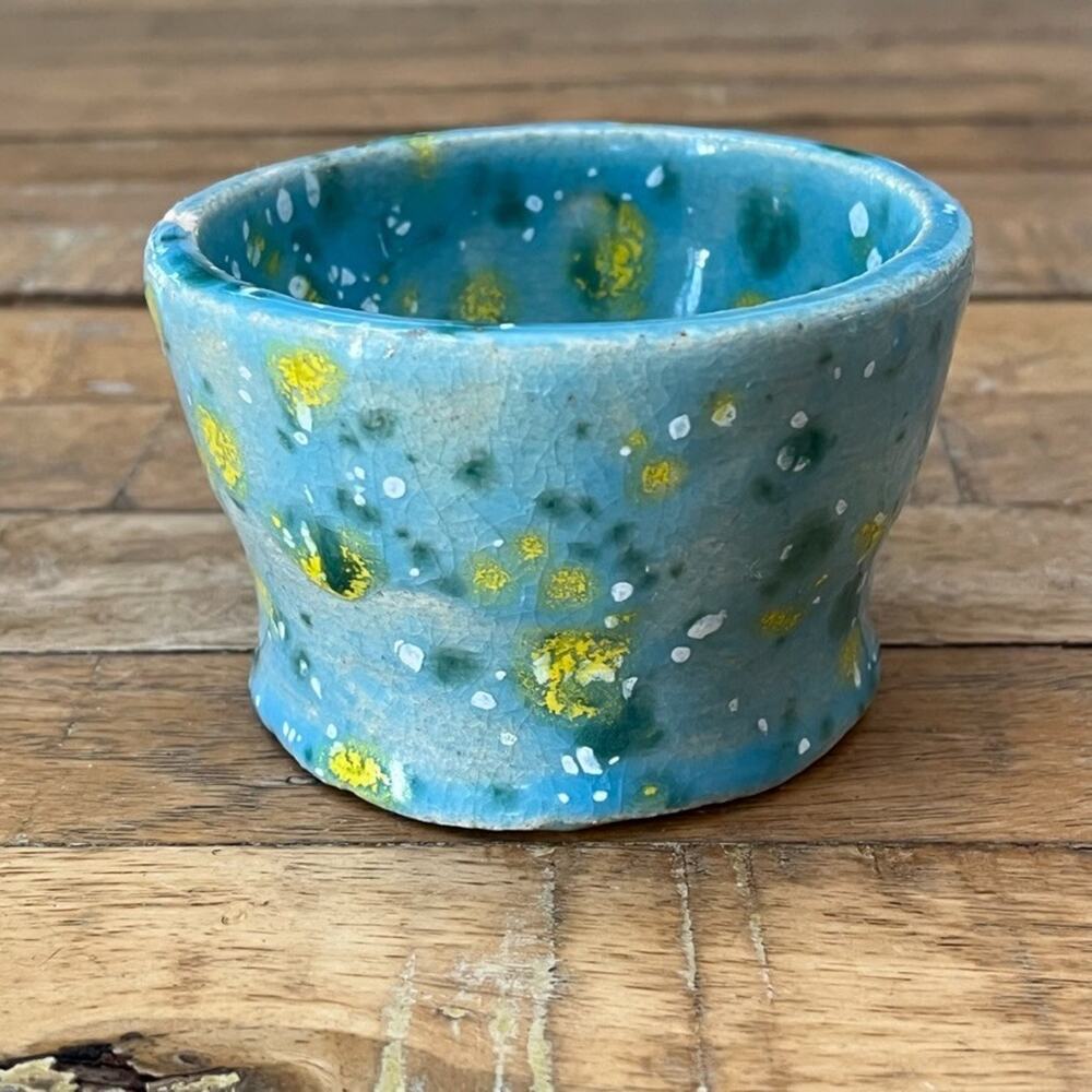 Handmade Clay Pottery Bowl Blue Yellow Speckled Crackle Glaze Artist Signed